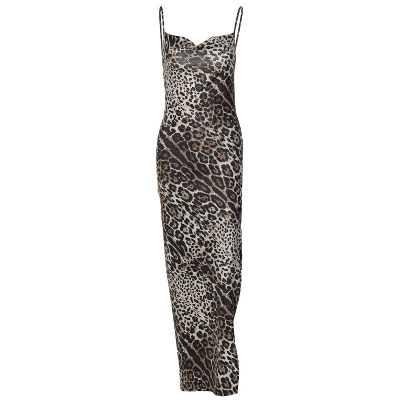Damen Elegantes Maxikleid mit Leopardenmuster und sexy Schlitz R&B