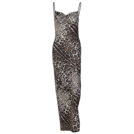 Damen Elegantes Maxikleid mit Leopardenmuster und sexy Schlitz R&B