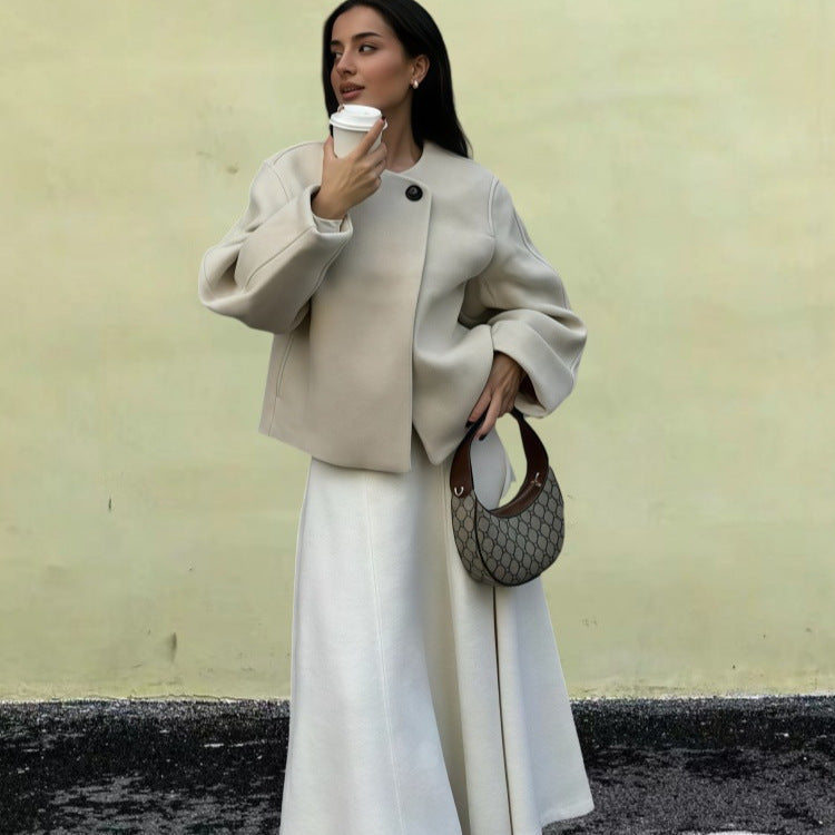 Damen Wickeljacke mit weiten Ärmeln und dekorativem Knopf R&B