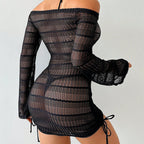 Damen Strandkleid aus durchscheinendem Netzstoff mit langen Ärmeln R&B