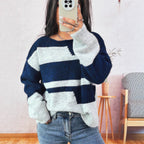 Damen Grobstrickpullover mit modischem Streifenmuster und weitem Schnitt R&B