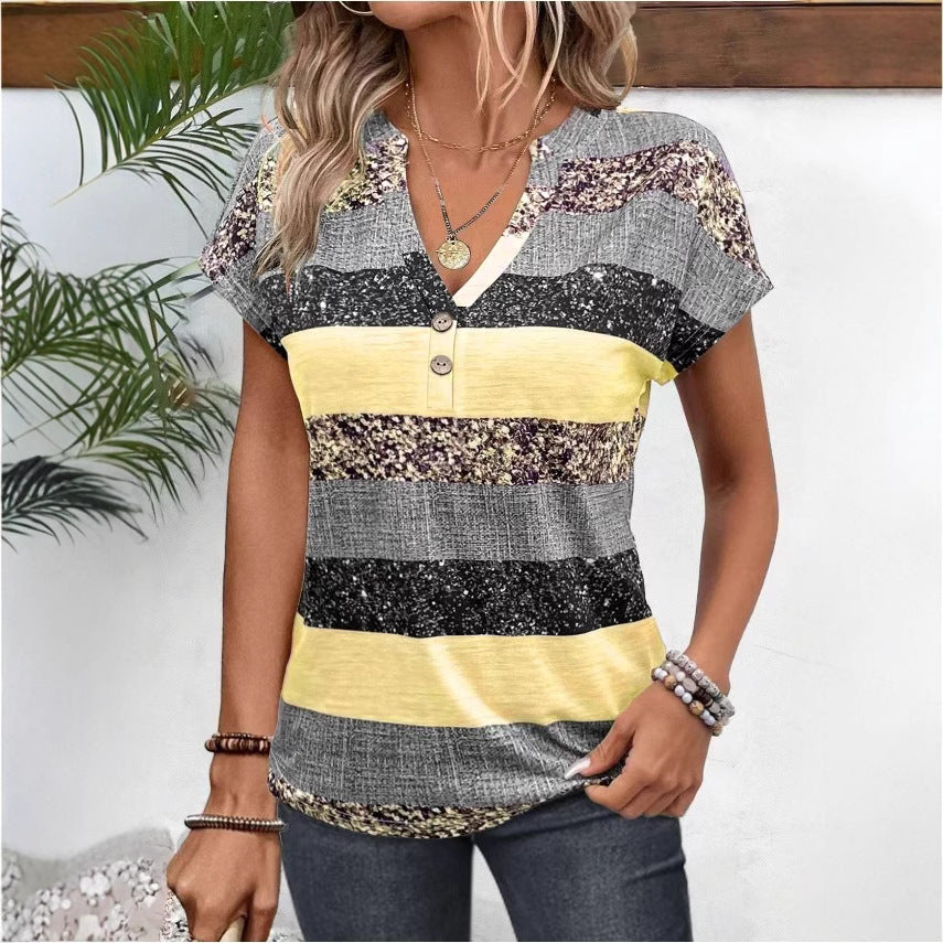 Damen nan gestreiftes Viskosemix-Relaxshirt mit V-Ausschnitt, Krempelärmeln und dekorativer Knopfleiste R&B