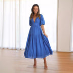 Damen Midi-Kleid mit Puffärmeln und tiefem V-Ausschnitt R&B
