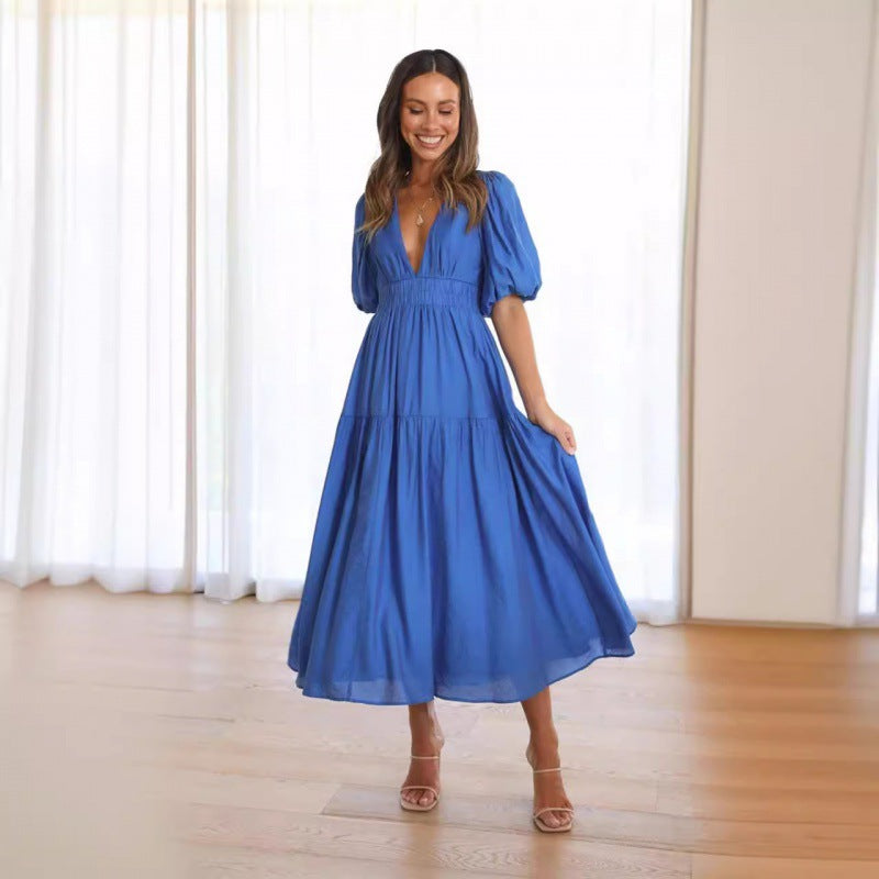 Damen Midi-Kleid mit Puffärmeln und tiefem V-Ausschnitt R&B