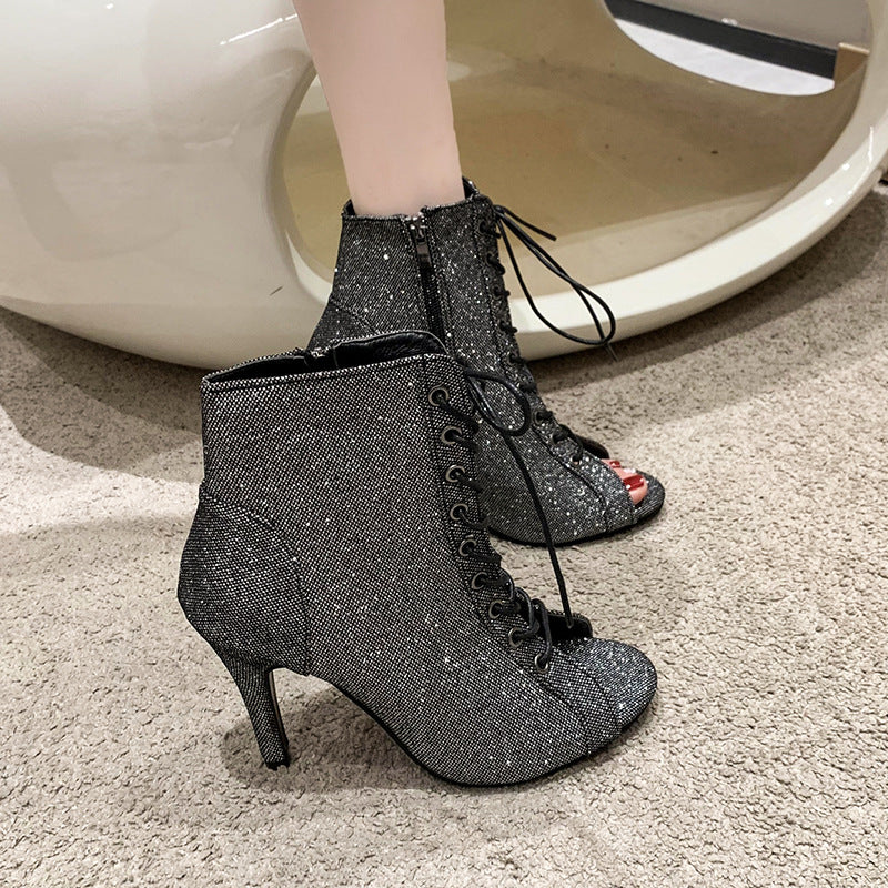 Damen Peep-Toe Stiefelette mit modischem Schnürdesign R&B