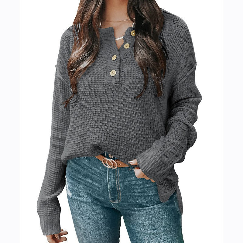 Damen lässiger Oversized Pullover mit Knopfleiste und strukturiertem Material R&B
