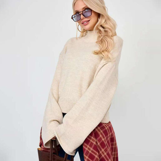 Damen Eleganter Oversized Pullover mit weitem Schnitt und Stehkragen R&B