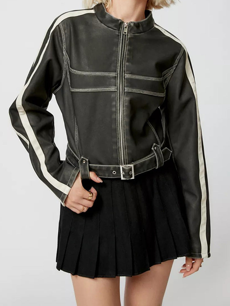 Damen kunstlederne Bikerjacke mit dezenten Kontraststreifen R&B