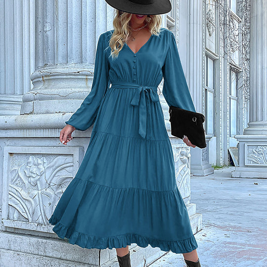 Damen Maxikleid mit Knopfleiste, Taillengürtel und Rüschensaum R&B