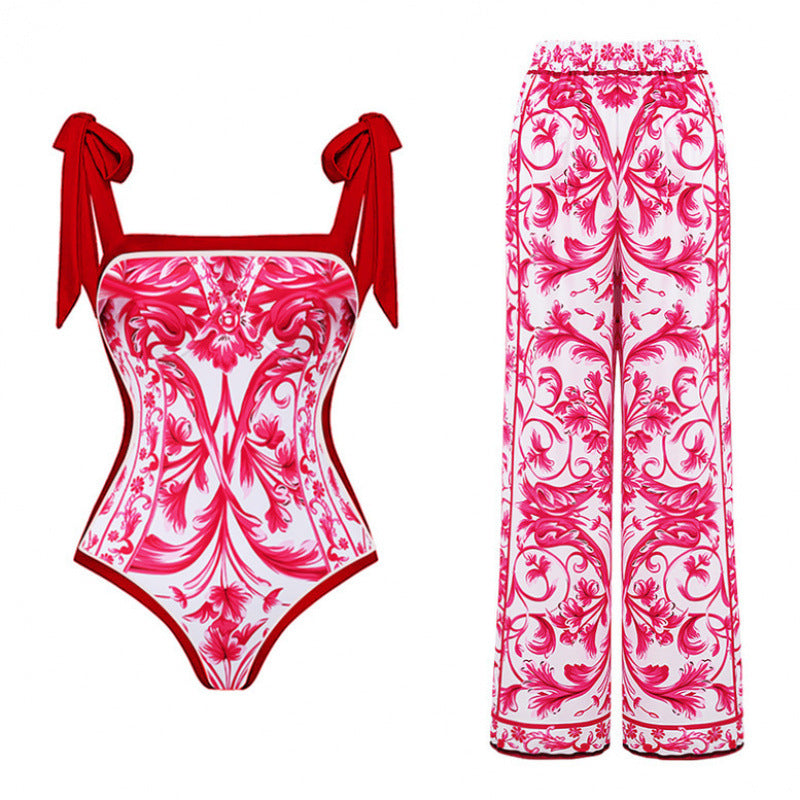 Damen Badeanzug-Set mit elegantem Floral-Design und passender Strandhose R&B