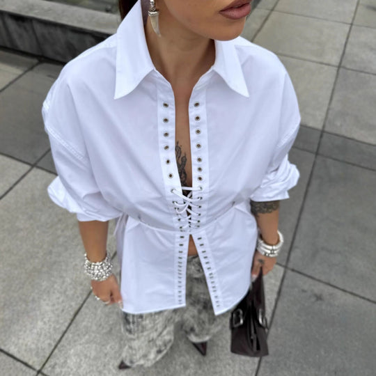 Damen Bluse mit eleganter Schnürung und modernem Kragen R&B
