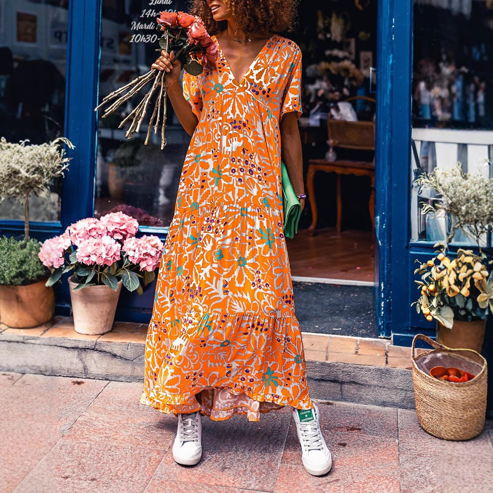 Damen nan knöchellanges V-Ausschnitt-Maxikleid mit grafischem Ethno-Print, kurzen Ärmeln und schwingender Volantbahn R&B