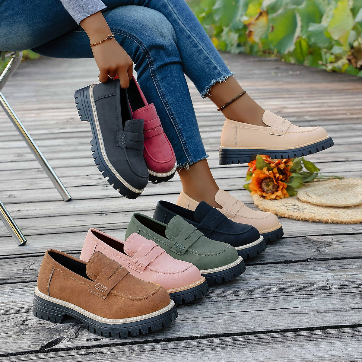 Damen Mokassin-Slipper mit rutschfester Profilsohle und modischer Lederoberfläche R&B