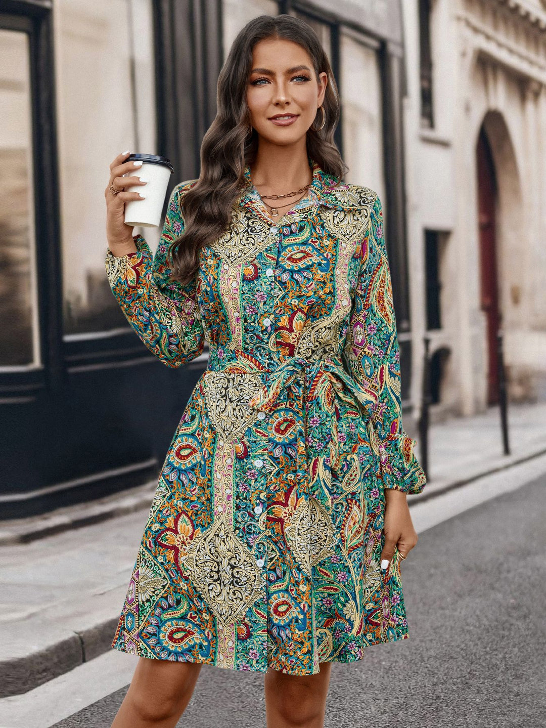 Damen Hemdblusenkleid mit buntem Paisleymuster und Gürtel R&B