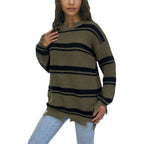 Damen Grob gestrickter Oversized Pullover mit Fransen und Querstreifen R&B