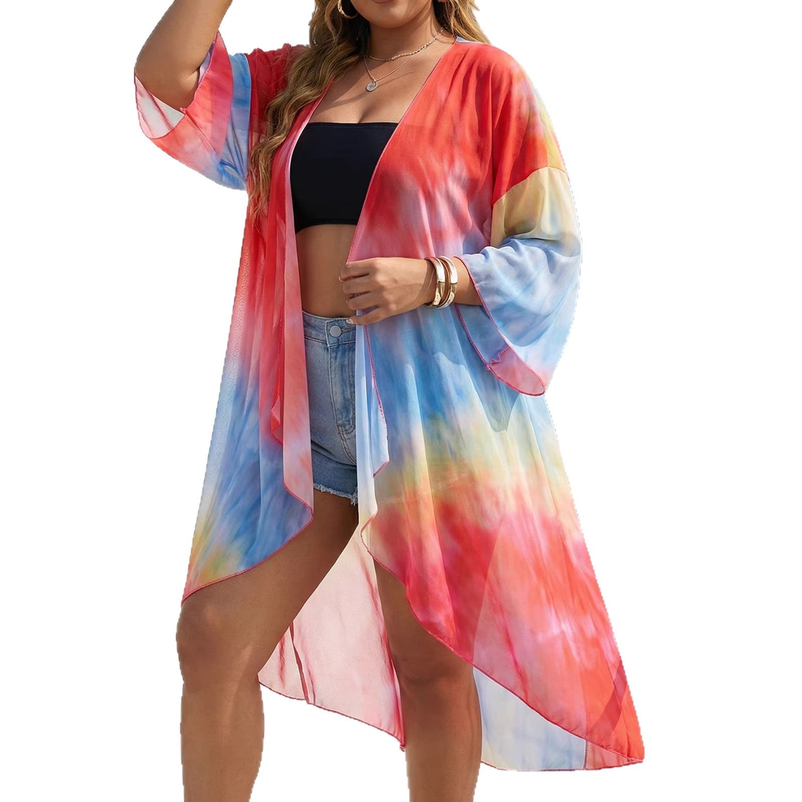 Damen transparenter Strandkimono mit trendigem Ombre-Design R&B