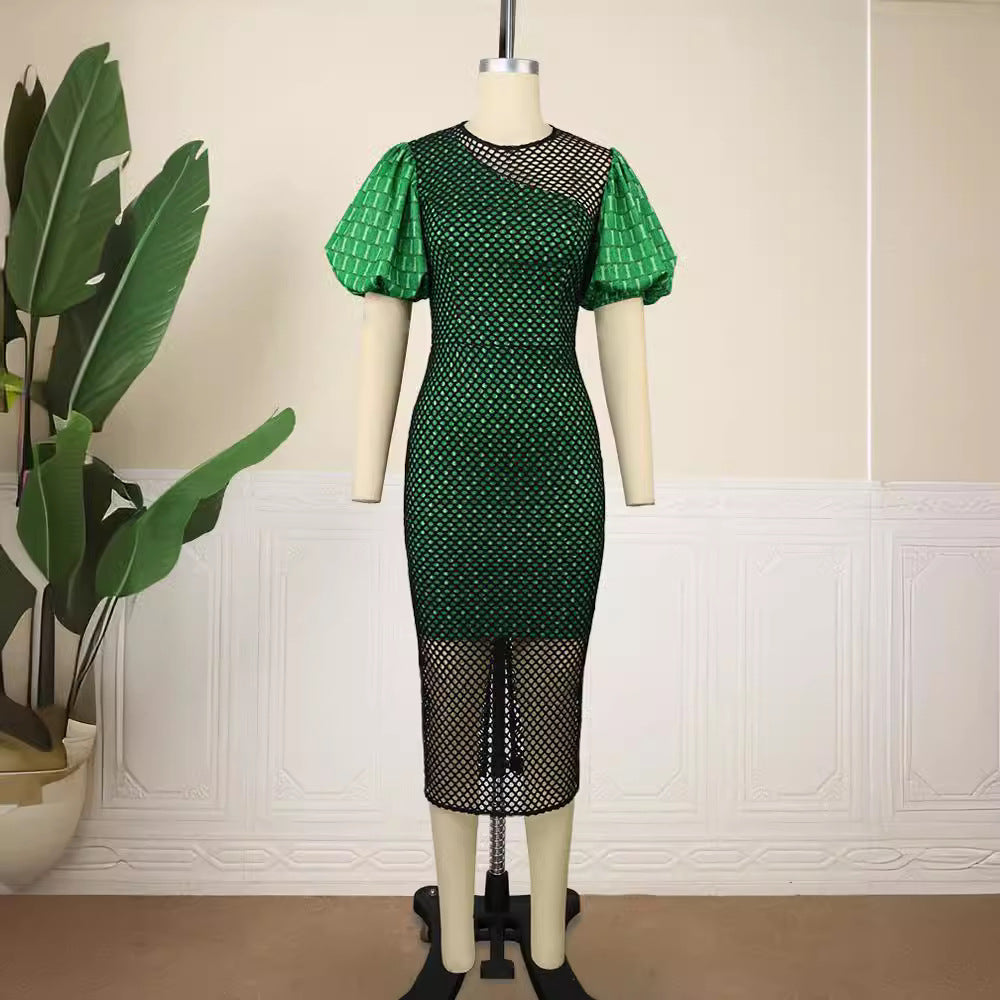 Damen figurbetontes Kleid mit innovativem Netzdesign und voluminösen Puffärmeln R&B