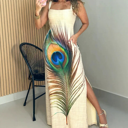 Damen Maxikleid mit grafischem Pfauenfeder-Druck und praktischen Seitentaschen R&B