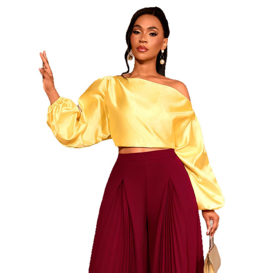 Damen elegantes asymmetrisches Oberteil mit voluminösen Puffärmeln R&B