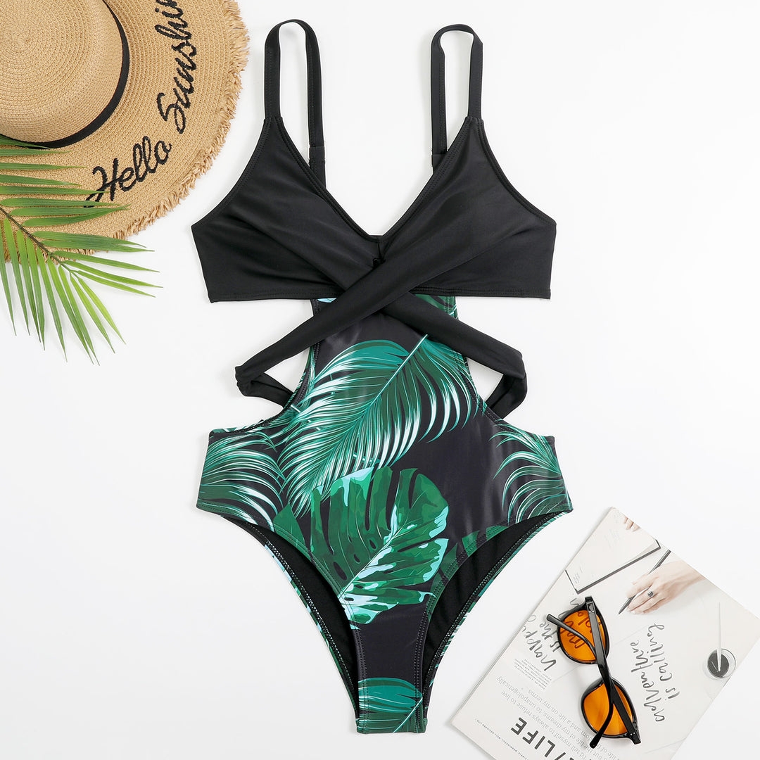 Damen Einteiler Badeanzug mit modischem Cut-Out und tropischem Blattmuster R&B
