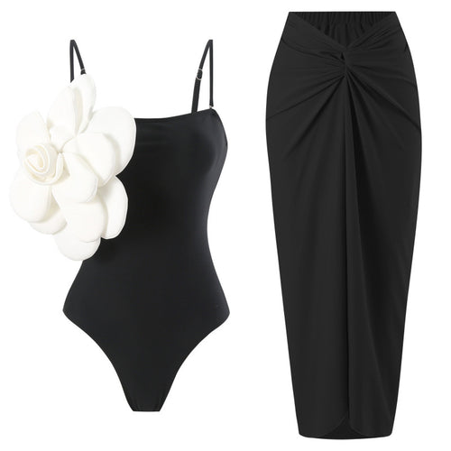 Damen Einteiler Badeanzug mit modischem Blumendesign und passendem Wickelrock R&B