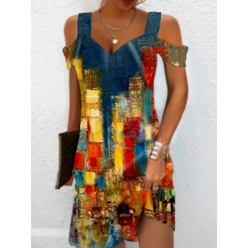Damen Off-Shoulder Sommerkleid mit schwingendem Saum und aufregendem Spiraldesign R&B