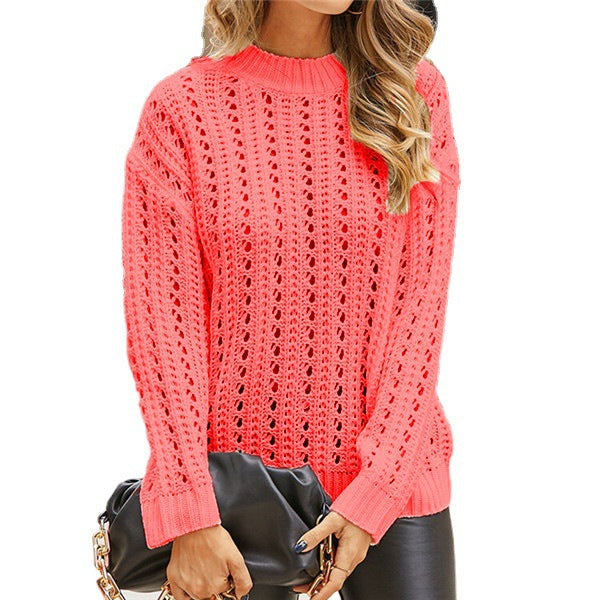 Damen luftiger Strickpullover mit Lochmuster und modernem Stehkragen R&B
