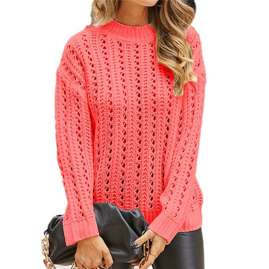 Damen luftiger Strickpullover mit Lochmuster und modernem Stehkragen R&B