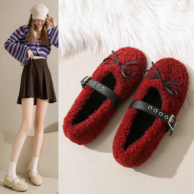 Damen Ballerinas aus kuscheligem Stoff mit verstellbarem Riemen und Schleifen-Applikation R&B