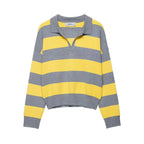 Damen nan gestreifter Rugby-Pullover mit Polokragen, V‑Ausschnitt und verlängerten Rippbündchen R&B
