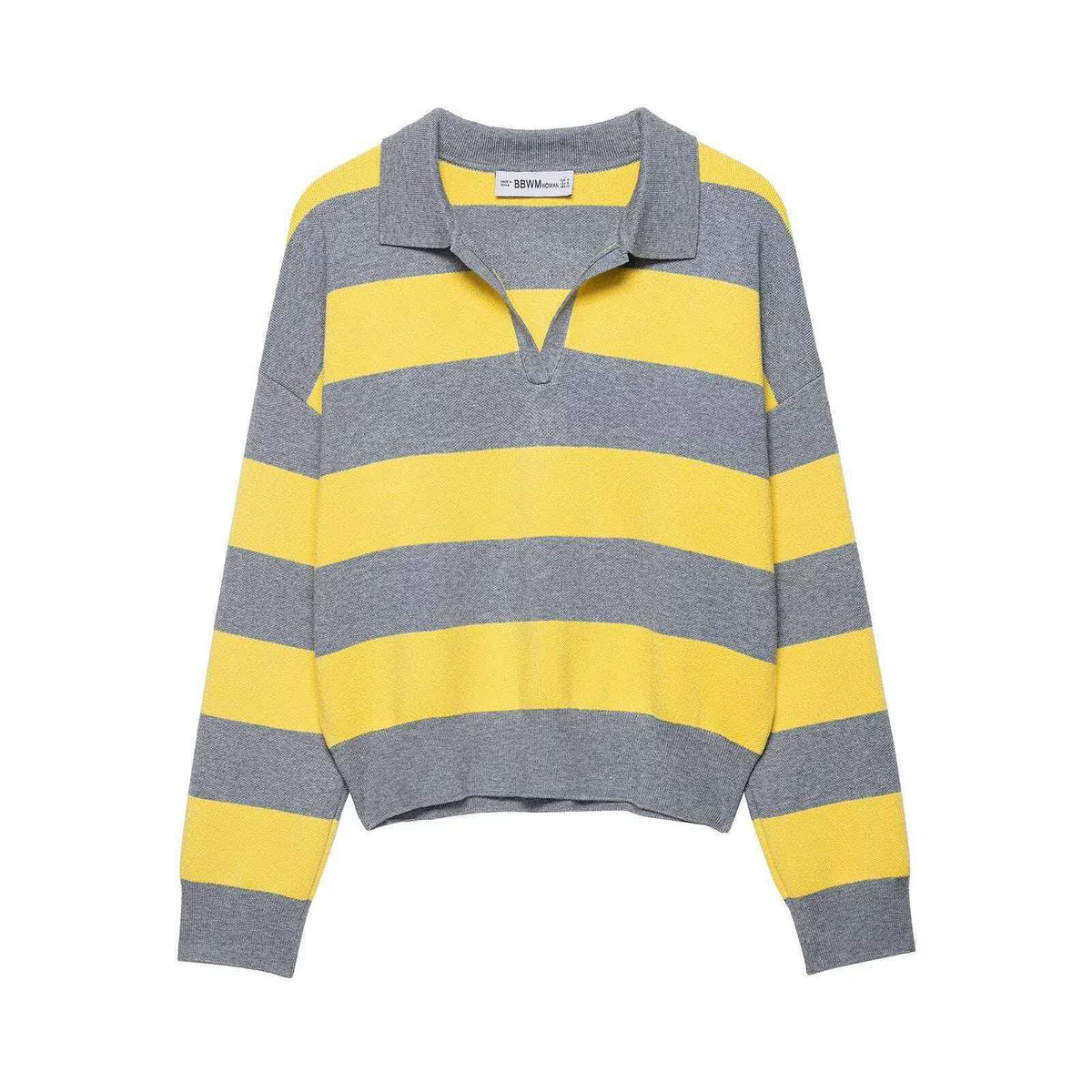 Damen nan gestreifter Rugby-Pullover mit Polokragen, V‑Ausschnitt und verlängerten Rippbündchen R&B