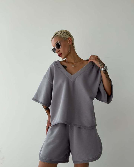 Damen lässiges Oberteil und Shorts-Set mit V-Ausschnitt und weitem Schnitt R&B