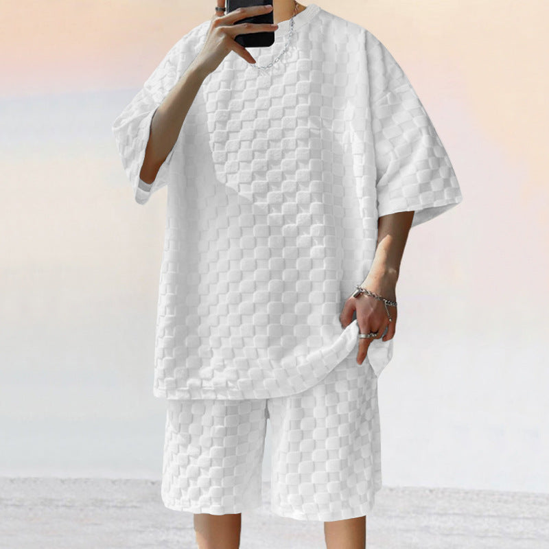 Unisex nan übergroßes Freizeit-Set aus strukturierter Waffelqualität mit Rundhalsausschnitt und locker sitzender Bermudashorts R&B