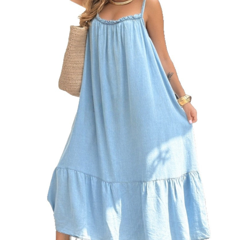 Damen Maxikleid aus leichtem Denim mit Rüschendetail R&B
