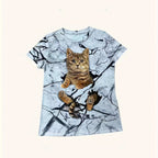 Damen T-Shirt mit 3D-Katzenmotiv und kreativem Rissdesign R&B