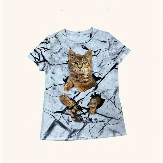 Damen T-Shirt mit 3D-Katzenmotiv und kreativem Rissdesign R&B