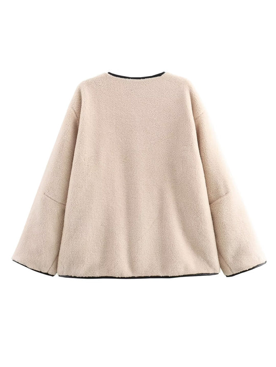 Damen Kuschelige Fluff-Jacke mit Knopfverschluss und praktischen Taschen R&B
