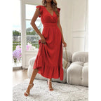 Damen Maxikleid mit voluminösen Rüschenärmel und elegantem Bund R&B