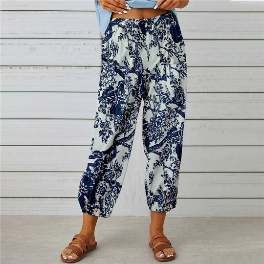 Damen lässige Pant mit floralem Druck und praktischen Knöpfen R&B