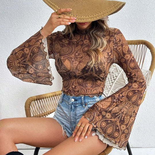Damen modisches Langarm-Top mit weit geschnittenen Ärmeln und edlem Paisley-Muster R&B
