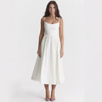 Damen elegantes Midikleid mit Spaghetti-Trägern und fließendem Rock R&B