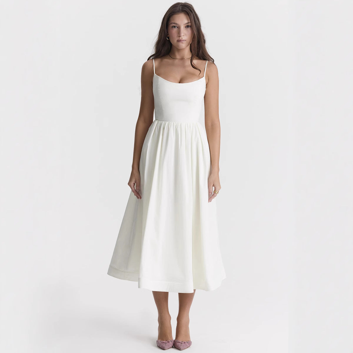 Damen elegantes Midikleid mit Spaghetti-Trägern und fließendem Rock R&B