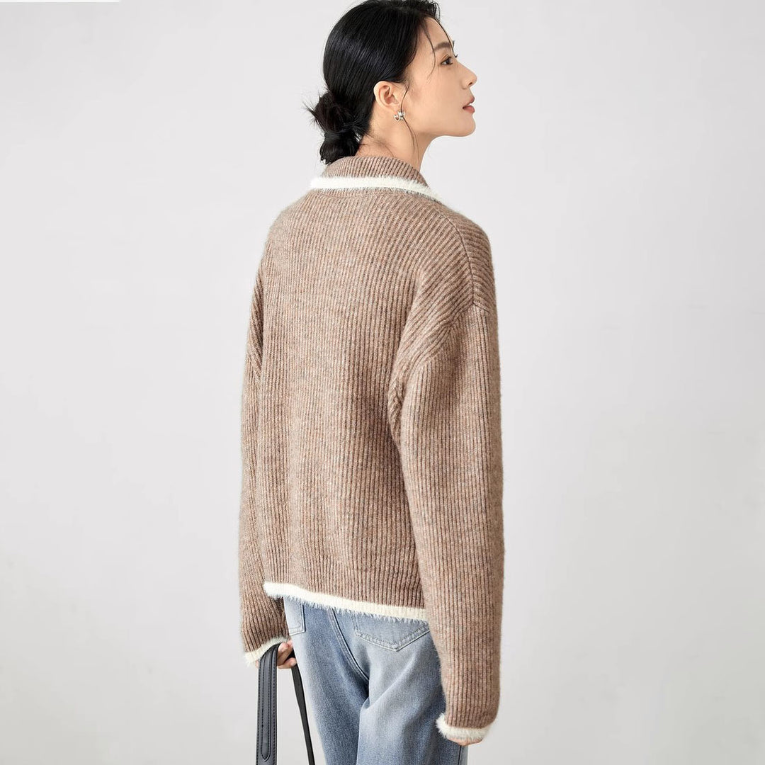 Damen Flauschiger Strickcardigan mit praktischen Taschen und hohem Kragen R&B