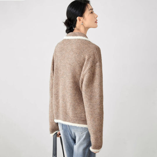 Damen Flauschiger Strickcardigan mit praktischen Taschen und hohem Kragen R&B