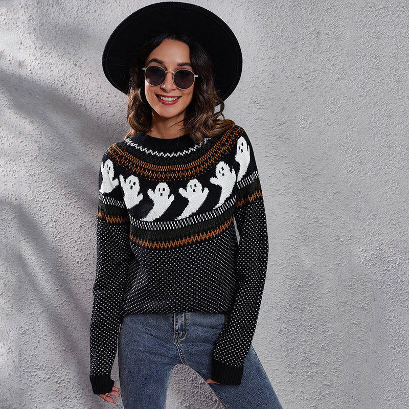 Damen Strickpullover mit gruseligem Geister-Motiv R&B