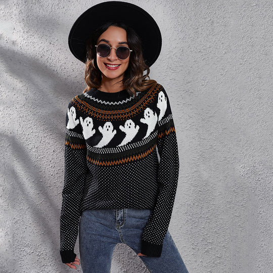 Damen Strickpullover mit gruseligem Geister-Motiv R&B