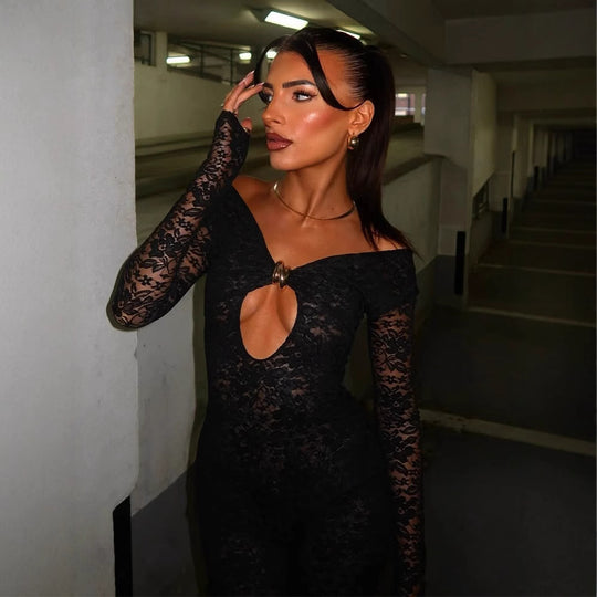 Damen Eleganter Lace-Bodysuit mit tiefem V-Ausschnitt und langen Ärmeln R&B