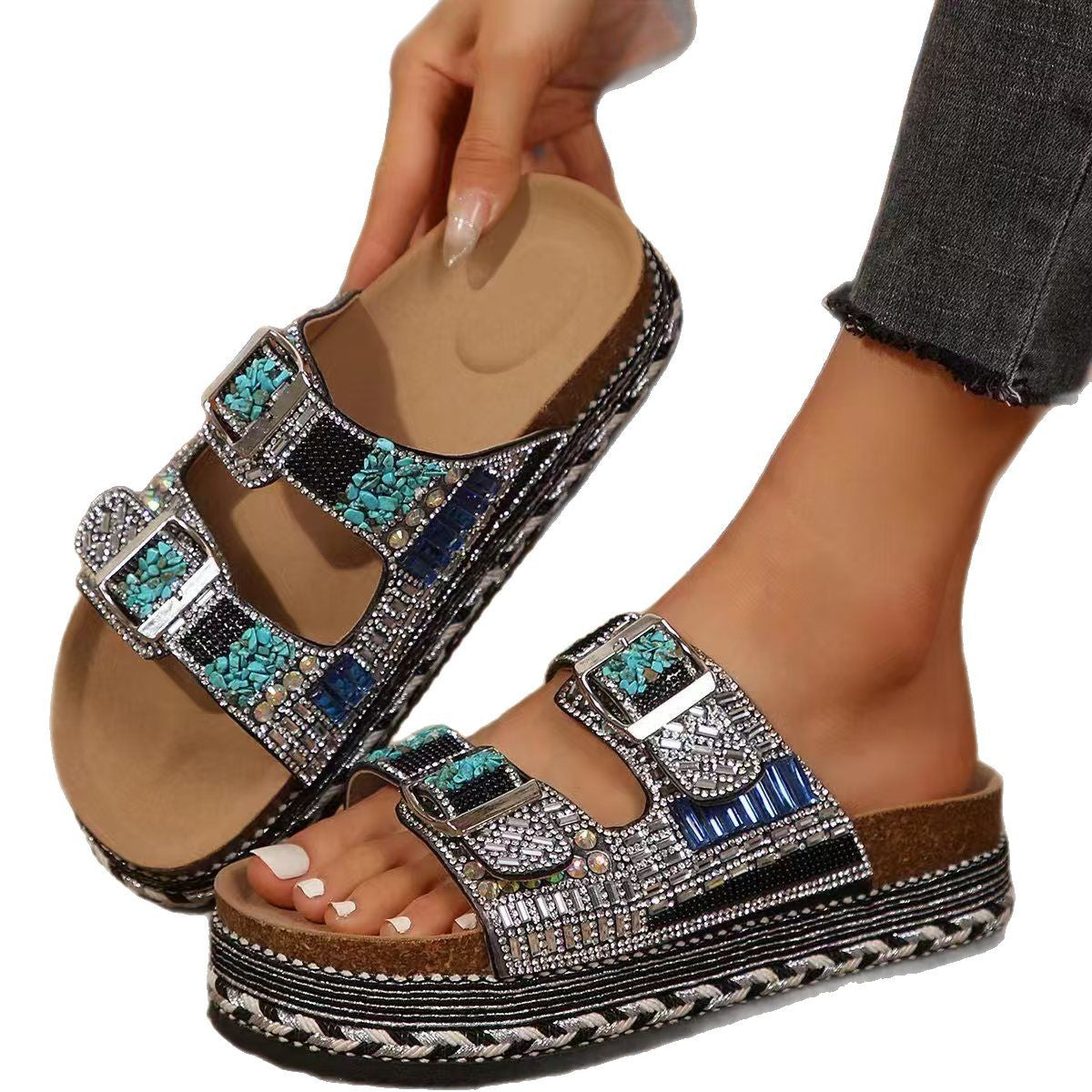 Damen Bequeme Riemensandalen mit Funkelnden Akzenten und Verstellbaren Riemen R&B