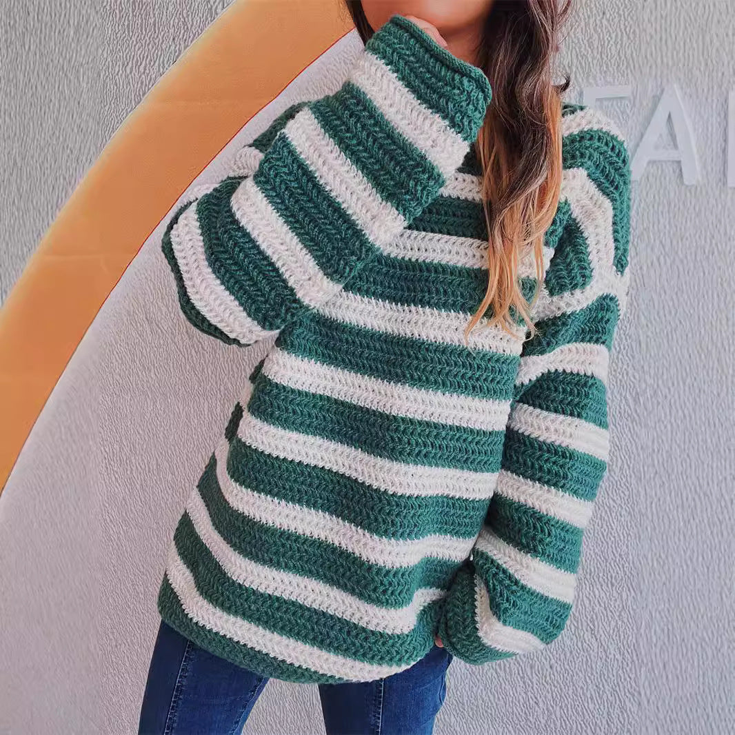 Damen lässiger Strickpullover mit blockierendem Streifenmuster und weitem Schnitt R&B