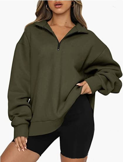 Damen Oversized Pullover mit kurzem Reißverschluss und lässigem Schnitt R&B